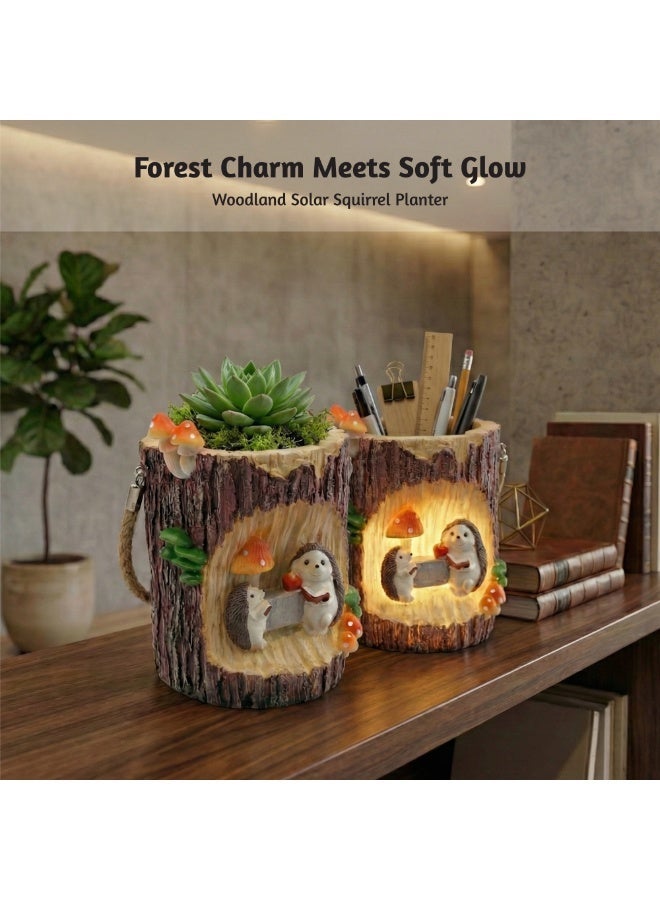 Woodland Solar Squirrel Planter with Automatic Light Cute Animal Succulent Pot Tree Trunk Flower Pot Indoor Outdoor Garden Decor Polyresin Plant Pot Pen Holder Gift Decorative Propagator Kit - Image 5